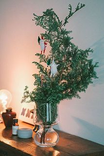 針葉樹を飾ると小さなクリスマスツリーのようにも。口の部分が広めにできているので、ボリュームのあるものも飾れます。