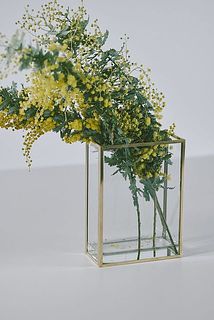 おすすめ花器その2「絵画のように花を楽しむ花器」。こちらもサイズ感ぴったり。ふわふわのミモザと箱のような花器の組み合わせがかわいいです。真鍮との相性も◎