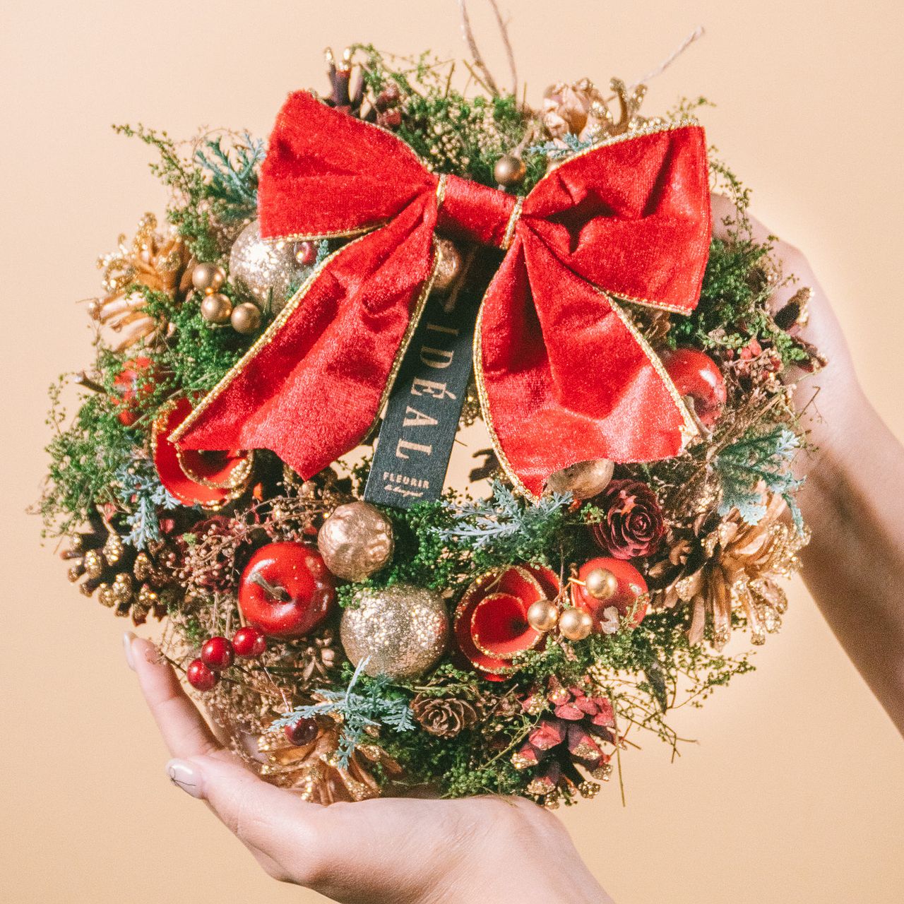 ナチュラルリース「フォレストレッドリボン」